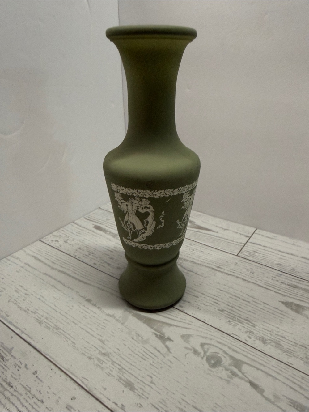 Avon Olive Green Ceramic Vase with White Relief